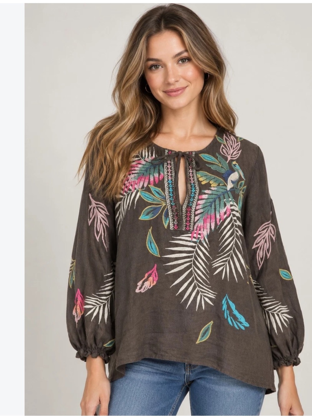 Johnny Was Brown Linen Embroidered Peasant Blouse with Tie Neck
